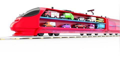 کارتون ماشین های رنگی : ماشین های سنگین شهری داخل قطار قرمز